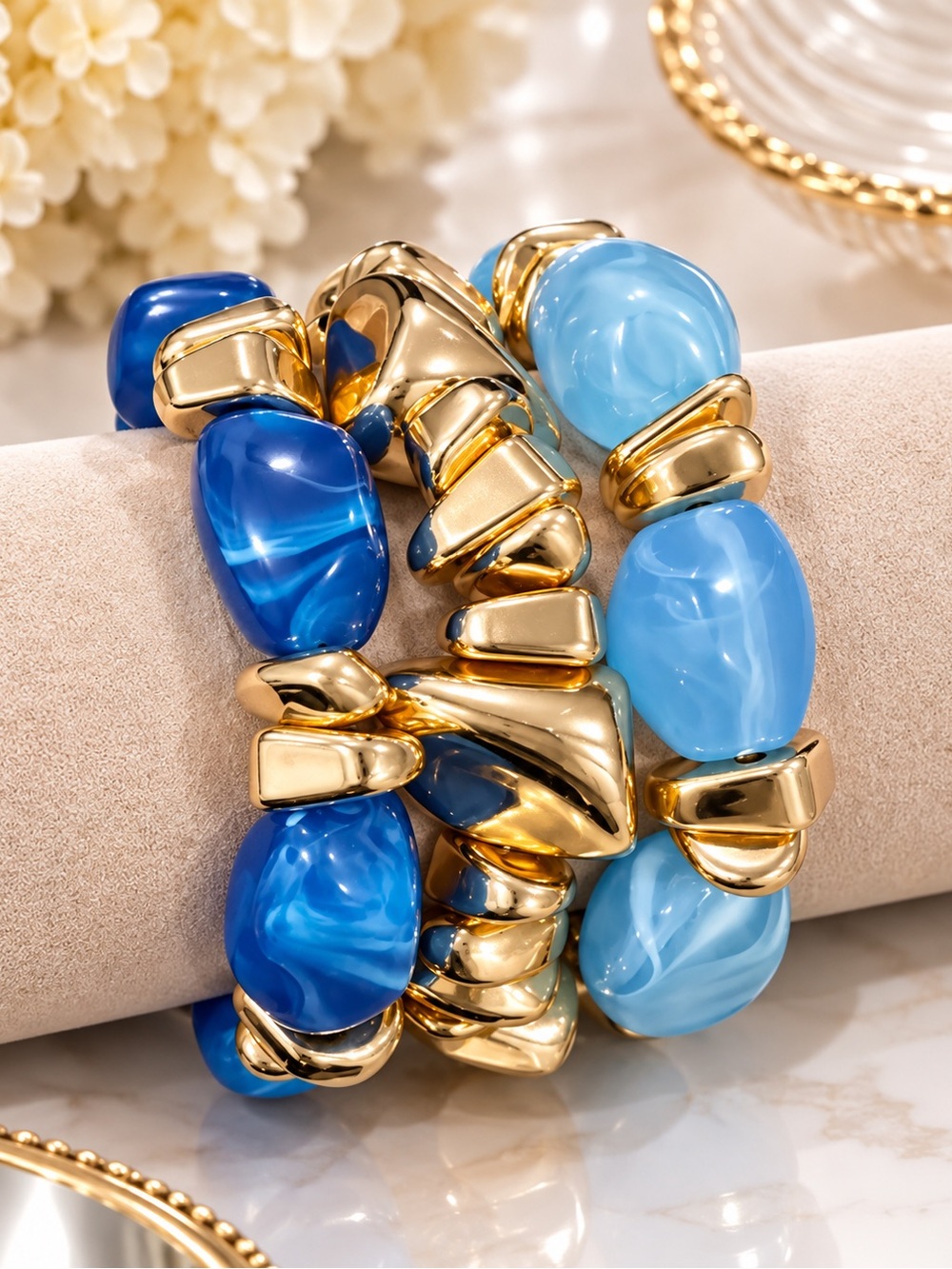 Gold-Tone Bracelet Set with Deep Blue & Light Blue Resin Stones